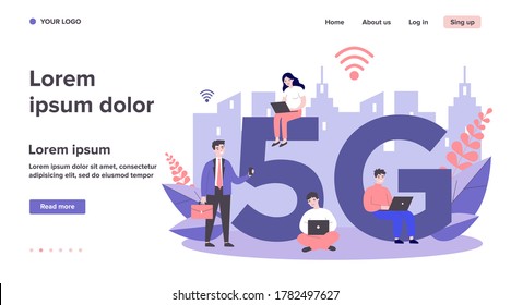 Devices users enjoying 5g city internet. People using smartphones and laptops. Can be used for communication, interaction, high speed wireless connection, telecom equipment, social network concept
