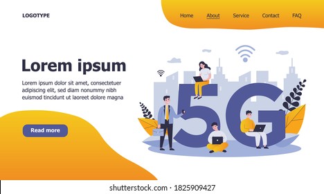 Devices users enjoying 5g city internet. People using smartphones and laptops. Can be used for communication, interaction, high speed wireless connection, telecom equipment, social network concept
