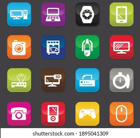 Devices vector icons for user interface . Colored buttons on a dark background