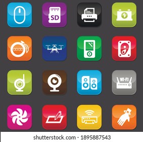 Devices vector icons for user interface . Colored buttons on a dark background