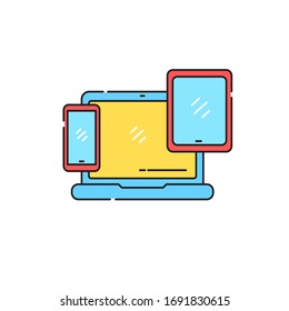 La ilustración vectorial de dispositivos contiene computadoras, tableta y smartphone aislados en fondo blanco. Icono de dispositivo en color lineal 