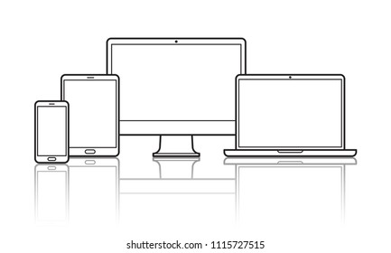 Devices vector line icons of smartphone, computer laptop or tab pad for responsive design