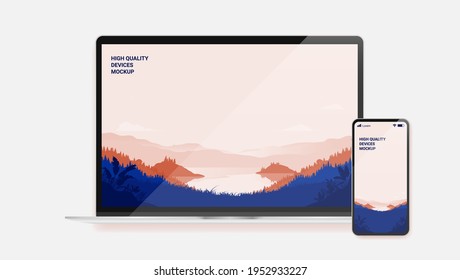 Devices vector template with landscape illustration on screen - Laptop and smartphone with beautiful nature wallpaper background. Editable Illustration.