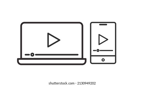 Devices Video Icon Set. Vector isolated illustration set of a laptop and a smartphone playing video