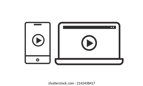 Devices Video Icon Set. Vector isolated illustration set of a laptop and a smartphone playing video
