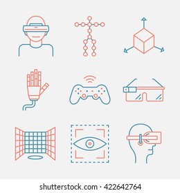  Devices for virtual reality. Immersive multimedia or computer-simulated reality. Glasses and head-mounted display. Linear icons set. Vector illustration. Augmented reality.Virtual reality line icon. 