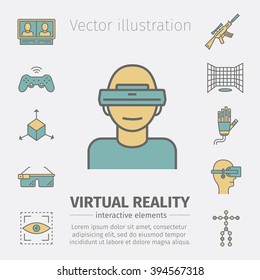 Devices for virtual reality (VR). Immersive multimedia or computer-simulated reality. AR glasses and head-mounted display. Linear icons set. Vector illustration.