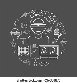 Devices for virtual reality (VR). Vector line icon