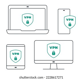 Devices with VPN secure line icon. VPN service for computer, laptop, phone, tablet. Vector illustration, editable stroke