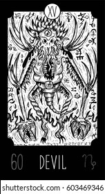 Devil. 15 Major Arcana Tarot Card. Demon of horror. Fantasy engraved line art illustration. Engraved vector drawing. See all collection in my portfolio set. 