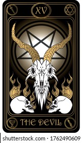 The Devil. The 15th card of Major arcana black and gold tarot cards. Tarot deck. Vector hand drawn illustration with skulls, occult, mystical and esoteric symbols.