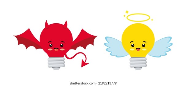 Devil and angek light bulb character vector icon. Good and bad idea choice concept cute emoji vector illustration for innovation and creativity think and problem solving.