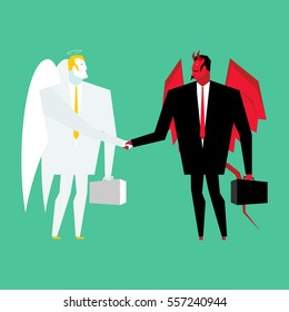 Devil and angel business deal. Satan and God handshake. Archangel and demon businessman