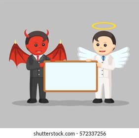 devil and angel businessman holding board