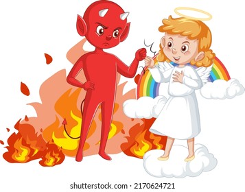 Devil and angel cartoon character on white background illustration