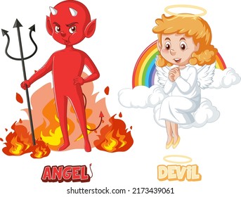 Devil and angel cartoon character on white background illustration