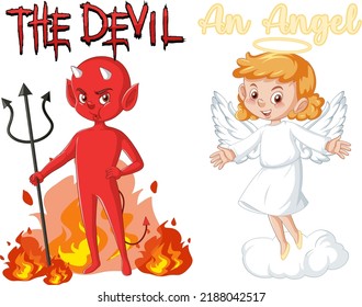 Devil and angel cartoon character on white background illustration