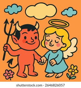 Diabo e anjo. Ilustração de doodle de vetor bonito.