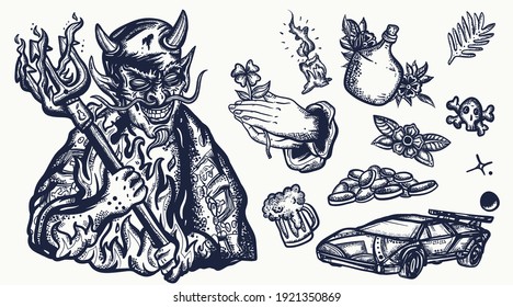 Devil. Angel and demon art. Terrible satan with pitchforks. Old school tattoo vector collection. Sin and holiness. Hell art 