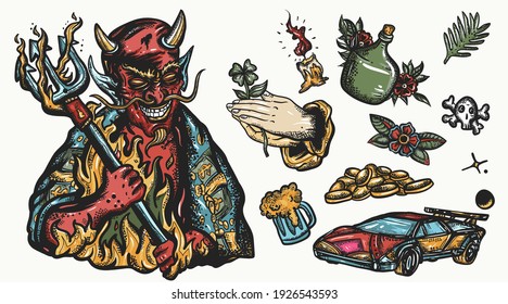 Devil. Angel and demon concept. Hell art. Terrible satan with pitchforks. Old school tattoo vector collection. Sin and holiness