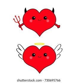 Devil Angel Evil amour. Red heart face head icon set. Trident horn wing nimbus. Cute cartoon kawaii character. Happy Valentines day Contour symbol. Flat design. Greeting card. White background. Vector