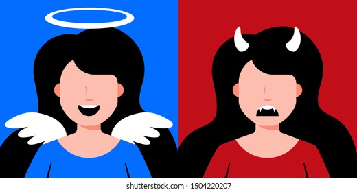 Devil And Angel Girls. The Choice Of The Side Of Good And Evil. Flat Character Vector Illustration