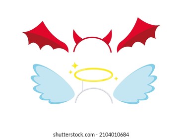 Devil and angel headband and wings costume attributes icon set isolated on white background. Horns and halo hat on band, angelic and evil wings photo props. Flat design cartoon vector illustration.