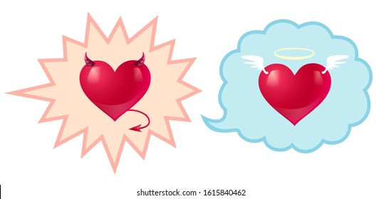 Devil and angel hearts on comic bubbles. Two hearts for Valentines day.