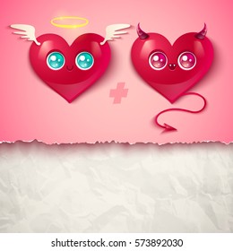 Devil and angel hearts on white old paper. Two hearts for Valentines day in kawaii style.