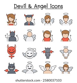 Devil and Angel icon set in color line style