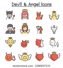 Devil and Angel icon set in color line style