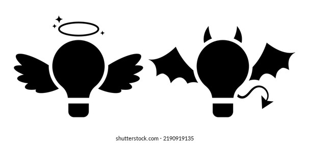 Icono vectorial de la bombilla del diablo y del ángel. Ilustración vectorial del concepto de la elección de la mala y buena idea para la innovación y la creatividad y la solución de problemas.