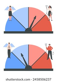 Devil and angel man and woman on balancing scale. Good and bad people. Choosing right and wrong way on the weight. Positive and negative thinking vector illustration