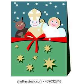Devil, angel and Nicholas contrasting composition in retro style. Ribbon with a bow, stars, gold, red, green, blue, white colors. Advent and Christmas tradition in Europe.