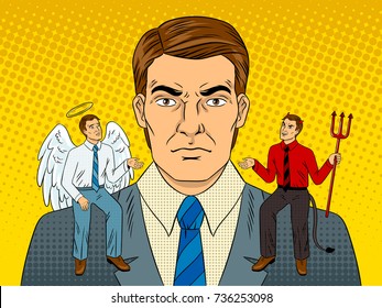 Devil and angel on businessman shoulders pop art retro vector illustration. Metaphor of good and evil. Comic book style imitation.