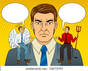 Devil And Angel On Businessman Shoulders Pop Art Retro Vector Illustration. Metaphor Of Good And Evil. Comic Book Style Imitation.