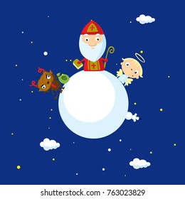 devil angel saint nicolas ...n on snowy earth globe - vector illustration