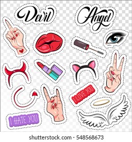 Devil angel set of sticker elements decorative woman lips hand gestures horns wings on transparent background vector illustration