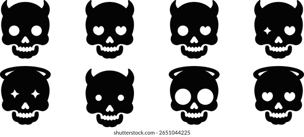 Devil and Angel Skull Icons Set – Black Silhouette Emojis with Horns, Halos, and Heart Eyes