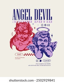 devil angel slogan with vintage graphic baby angel and devil vector illustration