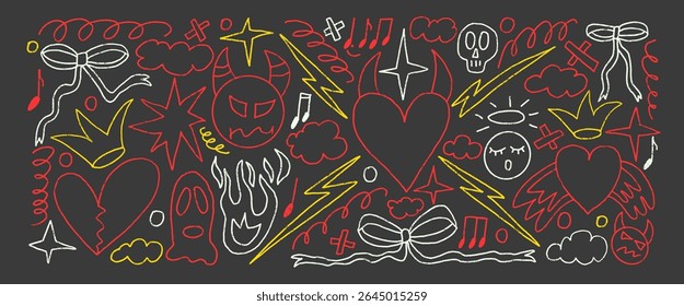 Devil and angels crayon drawn set. Punk breaking heart doodle background. Scribble grunge poster elements. Hearts, bows, clouds and sketch line art. Vector illustration by pencil on black background.