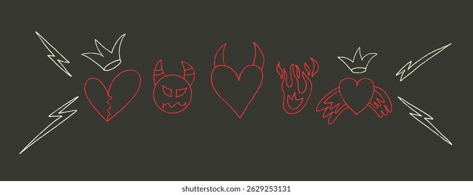 Devil, angels and hearts with lightning crayon drawn set. Punk love doodle background. Scribble grunge elements. Heart with horns, fire and sketch line art. Vector illustration on black background.