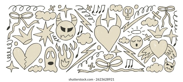 Devil and angels line doodles set. Punk breaking heart crayon drawn background. Scribble grunge elements. Hearts, bows, clouds and sketch shapes. Vector illustration by pencil on white background.