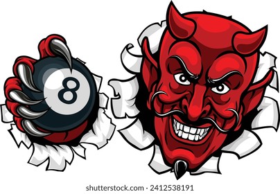 A devil angry mean pool billiards mascot cartoon character holding a black 8 ball. 