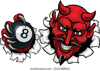 A devil angry mean pool billiards mascot cartoon character holding a black 8 ball. 