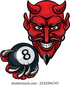 A devil angry mean pool billiards mascot cartoon character holding a black 8 ball. 