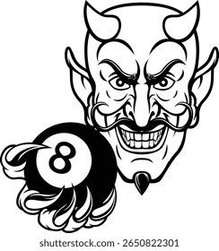 Um demônio irritado bilhar piscina mascote personagem de desenho animado segurando uma bola 8 preta. 