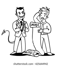 Devil asking for signature on a contract. Shocked man reading a contract. Cartoon illustration