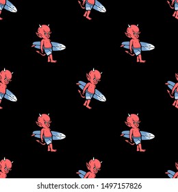 DEVIL BABY WITH SURF BOARD SEAMLESS PATTERN COLOR BLACK BACKGROUND