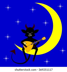 devil with balalaika sitting on Crescent moon